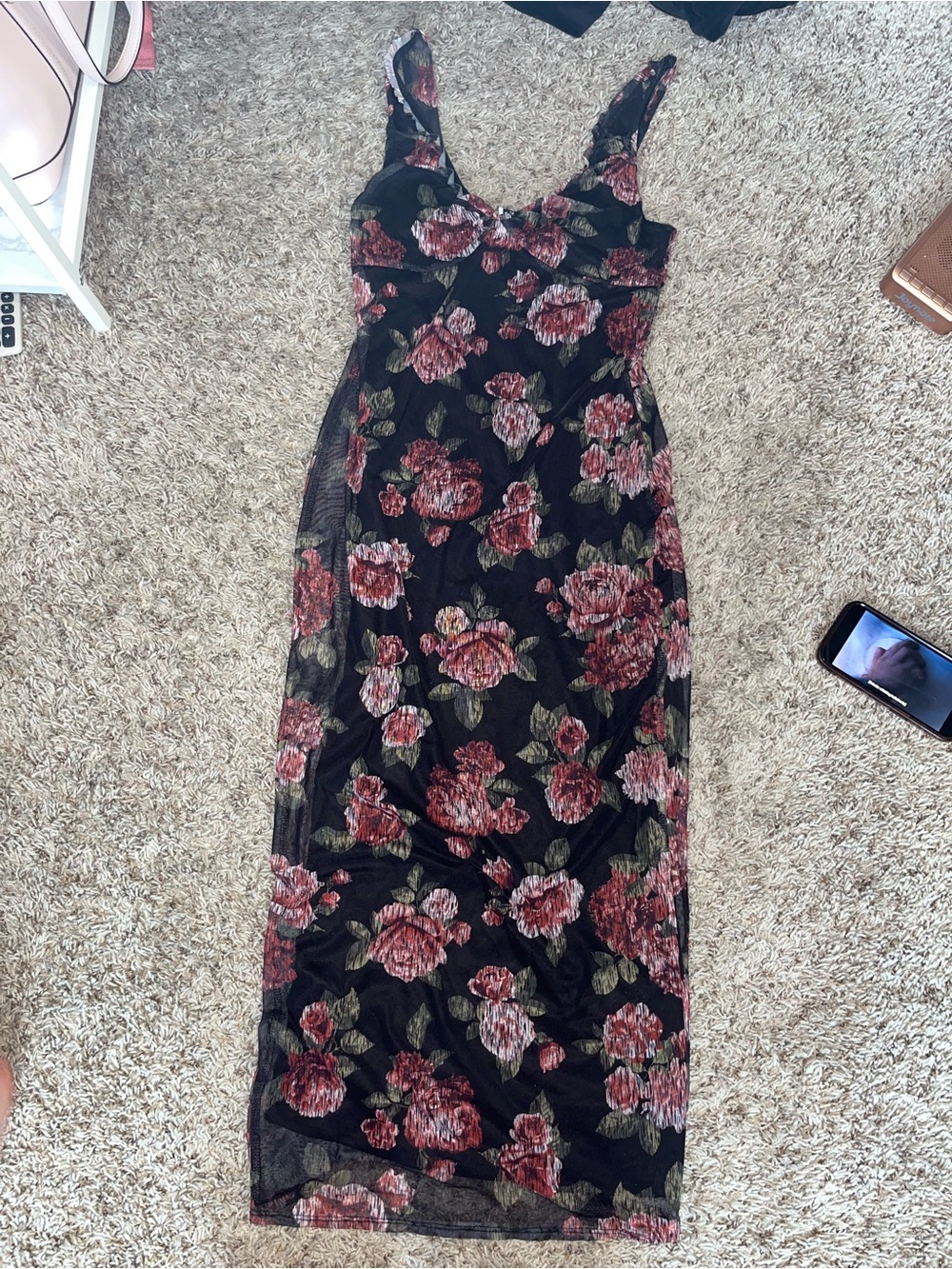 Floral Mesh Maxi Dress - Black with Rose Print